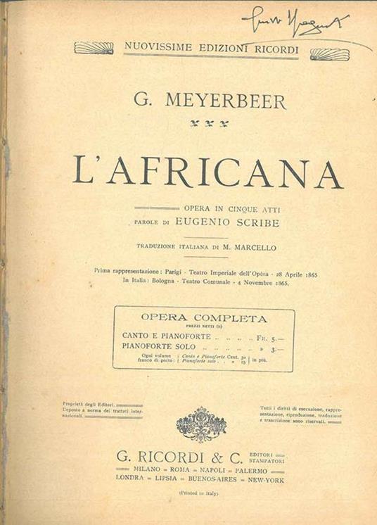L' africana. Opera in cinque atti per canto e pianoforte (N. 109804) Traduzione italiana di M. Marcello - Giacomo Meyerbeer - copertina