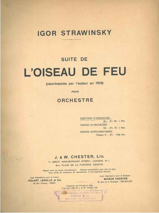 Suite de l'Oiseau de Feu (Réorchestrée par lauteur en 191 pour orchestre (Spartito J. W. C. 17) - Igor Strawinsky - copertina
