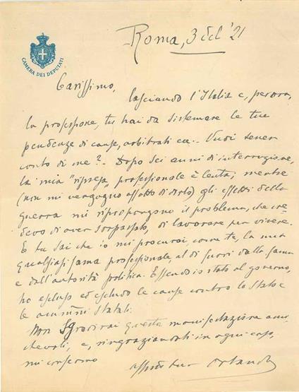 Foglio con intestazione "Camera dei Deputati", datato Roma, 3 set '21 - Vittorio Emanuele Orlando - copertina