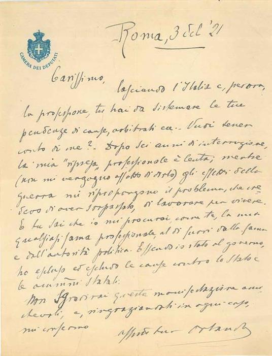 Foglio con intestazione "Camera dei Deputati", datato Roma, 3 set '21 - Vittorio Emanuele Orlando - copertina