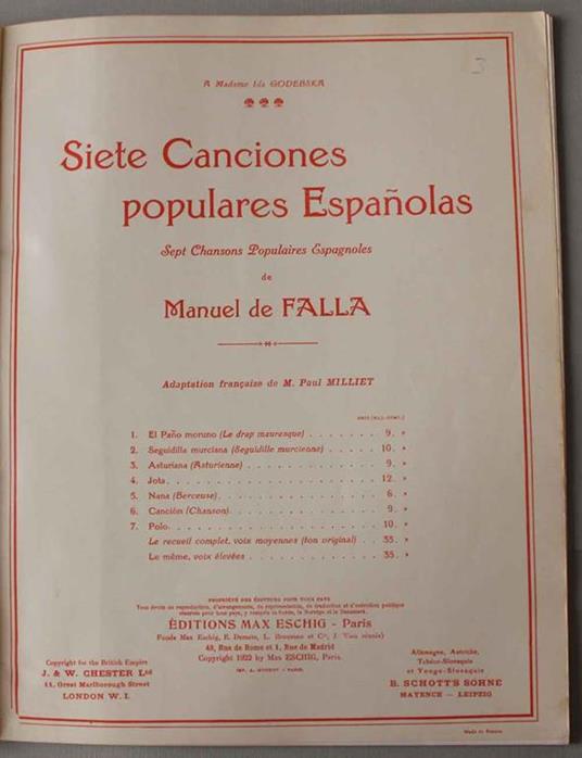 Siete canciones populares espanolas. Adaptation française de M. Paul Milliet. Completo (nr. cat. 1129,1-7) - Manuel de Falla - copertina