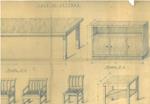 Lucido (aperto 56x33 cm), con disergni professionali a matita di un tavolo, un tavolino, una sedia, divano poltroncina e una cassettiera per una sala di lettura degli anni '30