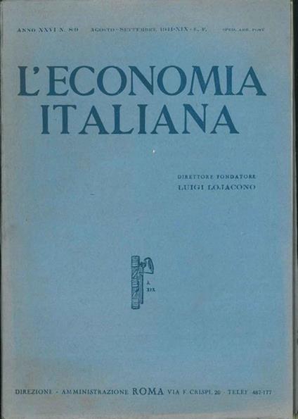 L' Economia italiana. Anno XXVI n* 8-9 - Luigi Lojacono - copertina