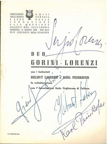 Firma autografa dei musicisti alla copertina del programma di sala del concerto svoltosi il 13 maggio 1956 per l'Associazione Amici della Musica di Perugia - Gorini - copertina
