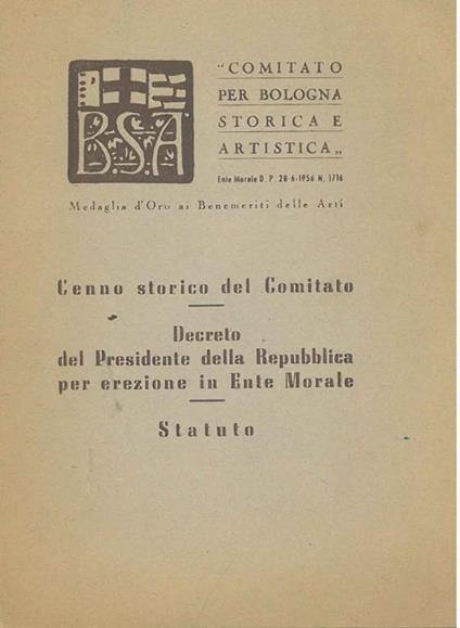 Cenno storico del Comitato. Decreto del Presidente della Repubblica per erezione in ente morale. Statuto - copertina
