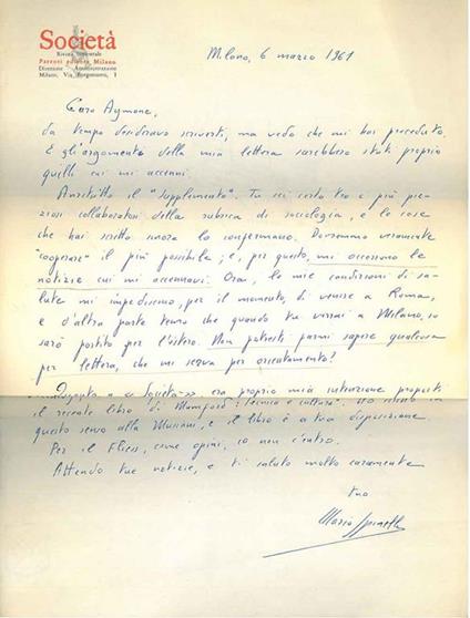 2 lettere con intestazione: "Società, rivista bimestrale, Parenti editore Milano, direzione - amministrazione" datate: "Milano, 6 marzo 1961" e "15 marzo 1961" - Mario Spinella - copertina