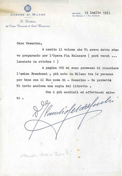Carta intestata: "Comune di Milano, Il Direttore del Centro di Studi Manzoniani", datata "12 luglio 1963" - Claudio Cesare Sacchi - copertina