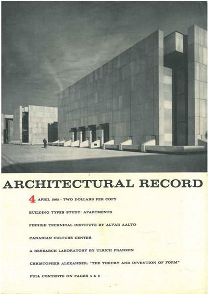 Architectural Record, n.4, April 1965. Building Types study: Apartmens. Finnish technical institute by Alvar Aalto - copertina