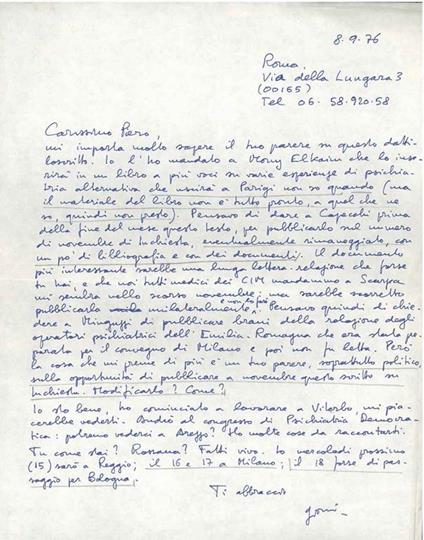 Foglio bianco datato: "Roma, 8.9.76" - Giovanni Jervis - copertina