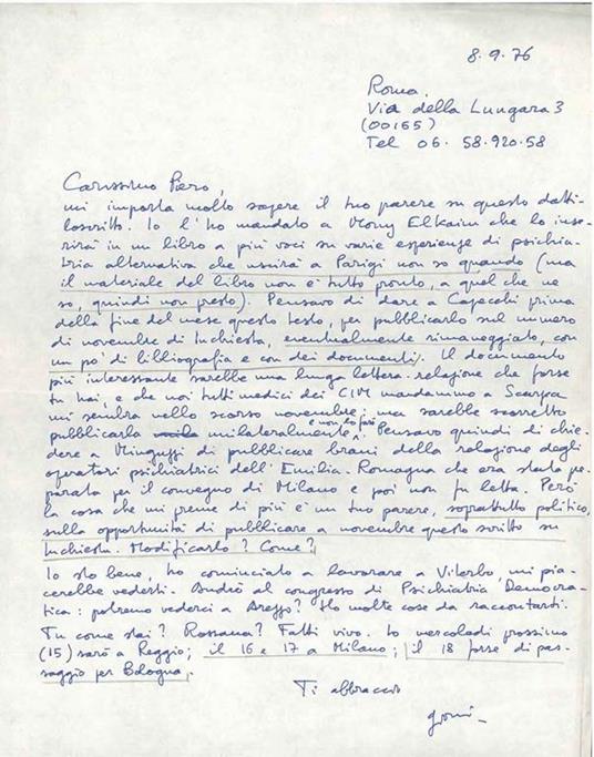 Foglio bianco datato: "Roma, 8.9.76" - Giovanni Jervis - copertina