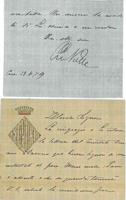 Cartoncino quadrettato in blu con mogramma nobiliare in rosso e oro in rilievo datato: "28-4-1879" - Leopoldo Pullé - copertina