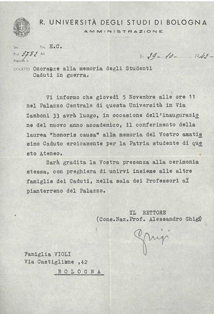 Foglio con intestazione "R. Università degli Studi di Bologna, amministrazione", datata 29-10 - Alessandro Ghigi - copertina