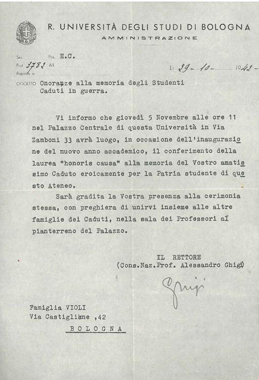 Foglio con intestazione "R. Università degli Studi di Bologna, amministrazione", datata 29-10 - Alessandro Ghigi - copertina
