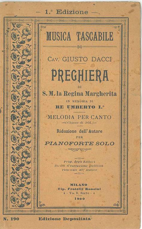 Preghiera di S. M. la Regina Margherita in memoria di re Umberto I. Melodia per canto - Giusto Dacci - copertina