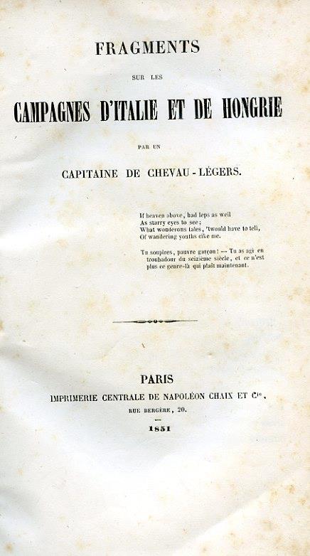 Fragments sur les campagnes d'Italie et de Hongrie par une Capitaine de Chevau. Légers - Claude Vignon - copertina