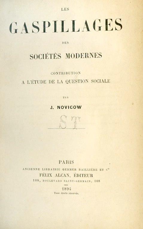 Les gaspillages des sociétés modernes. Contribution a l'étude de la question sociale - Jacques Novicow - copertina