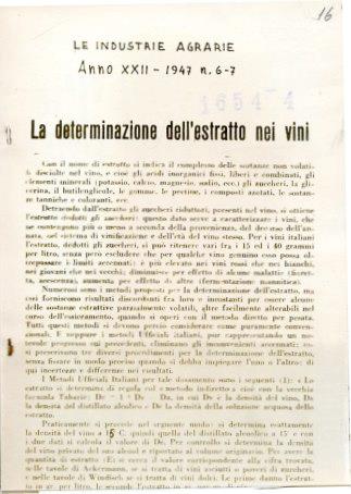 La determinazione dell'estratto nei vini [estratto da Le Industrie Agrarie, anno XXII, 1947. n- 6. 7] - Clemente Tarantola - copertina