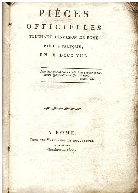 Pièces officielles touchant l' invasion de Rome par les Français, en MDCCCVIII - copertina