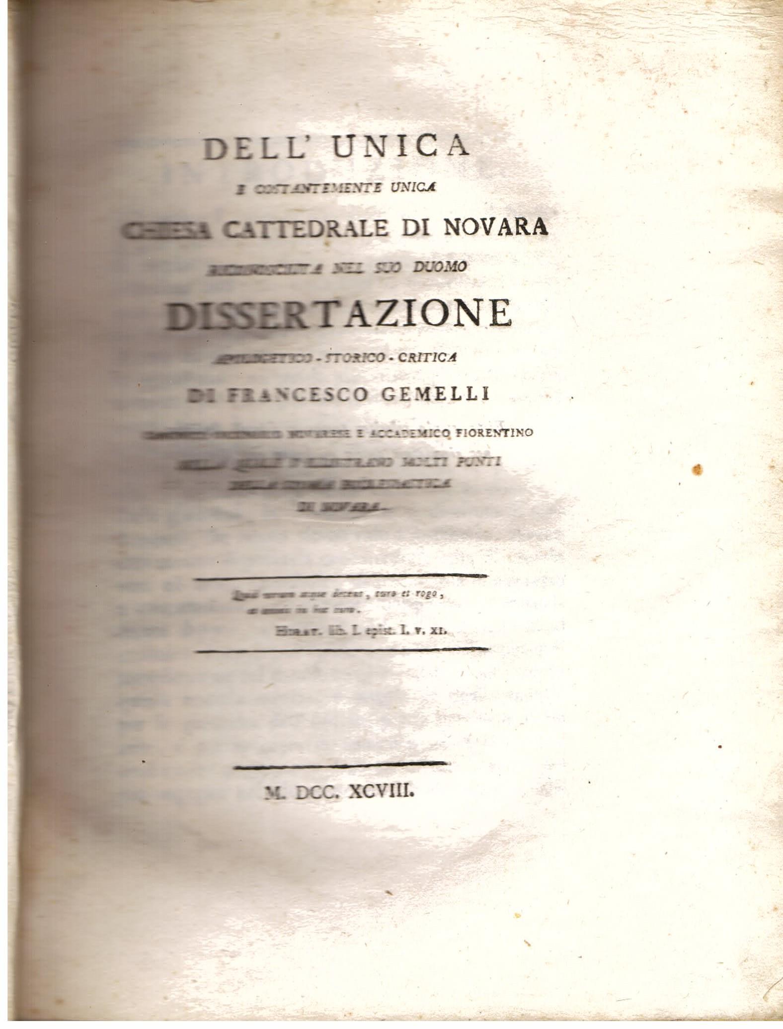 Dell'unica e costantemente unica Chiesa Cattedrale di Novara riconosciuta nel suo Duomo