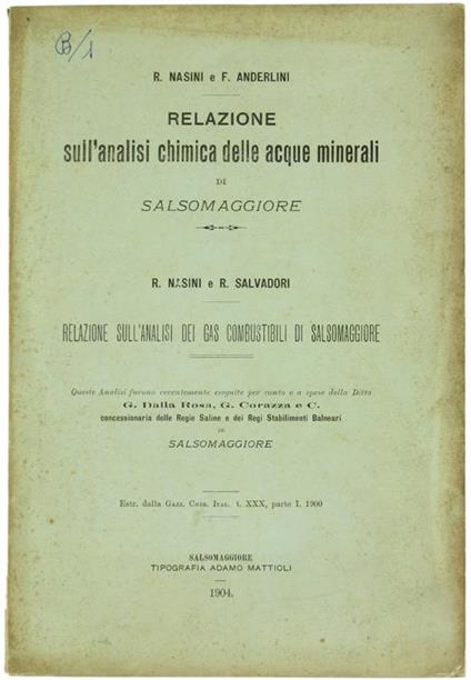 Relazione Sull'Analisi Chimica delle Acque Minerali di Salsomaggiore - R. Nasini,F. Anderlini - copertina