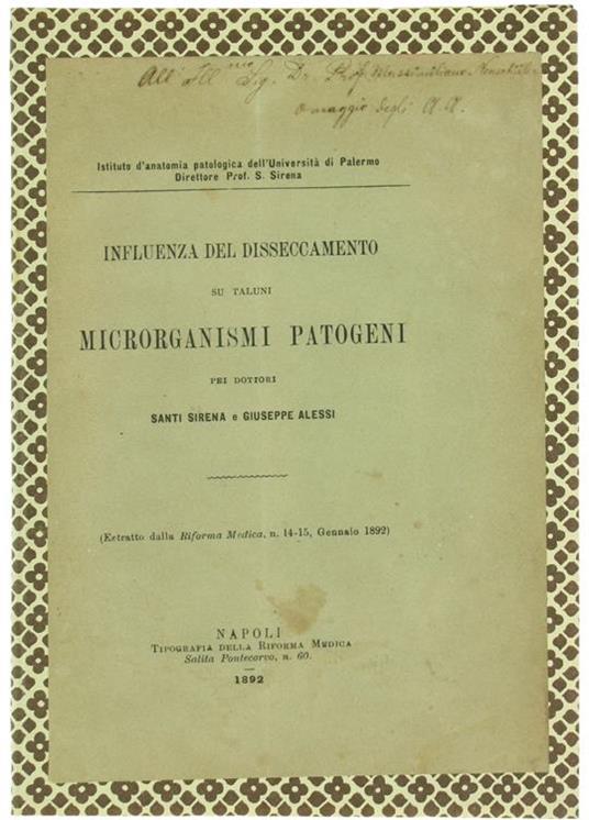 Influenza del Disseccamento su Taluni Microorganismi Patogeni - Santi Sirena,Giuseppe Alessi - copertina