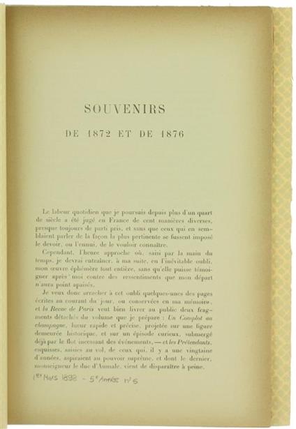 Souvenirs de 1872 et de 1876 - copertina
