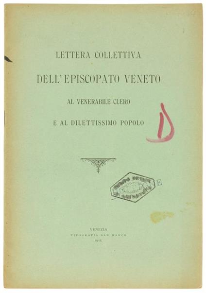 Lettera Collettiva dell'Episcopato Veneto al Venerabile Clero e al Dilettissimo Popolo - Veneto Episcopato - copertina