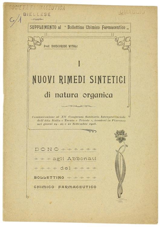 I Nuovi Rimedi Sintetici di Natura Organica. Supplemento al "Bollettino Chimico Farmaceutico" - Dioscoride Vitali - copertina