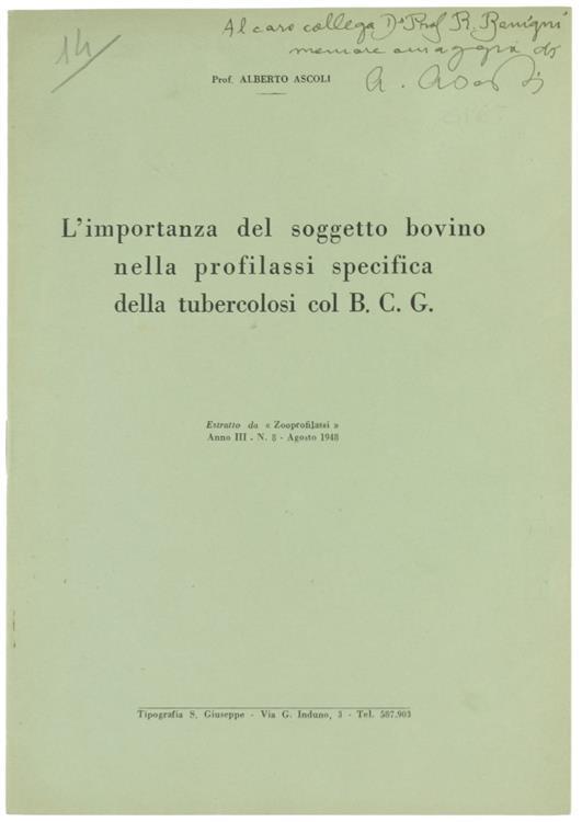 L' Importanza del Soggetto Bovino nella Profilassi Specifica della Tubercolosi Col B.C.G - Alberto Ascoli - copertina