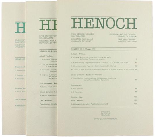Henoch. Vol. XII. Studi Storicofilologici Sull'Ebraismo Redatti Presso la Biblioteca Paul Kahle dell'Istituto di Orientalistica dell'Università di Torino - copertina