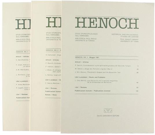 Henoch. Vol. XIII. Studi Storicofilologici Sull'Ebraismo Redatti Presso la Biblioteca Paul Kahle dell'Istituto di Orientalistica dell'Università di Torino - copertina