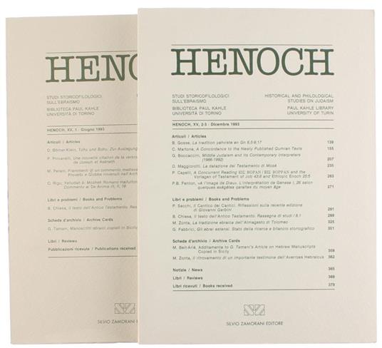 Henoch. Vol. XV. Studi Storicofilologici Sull'Ebraismo Redatti Presso la Biblioteca Paul Kahle dell'Istituto di Orientalistica dell'Università di Torino - copertina