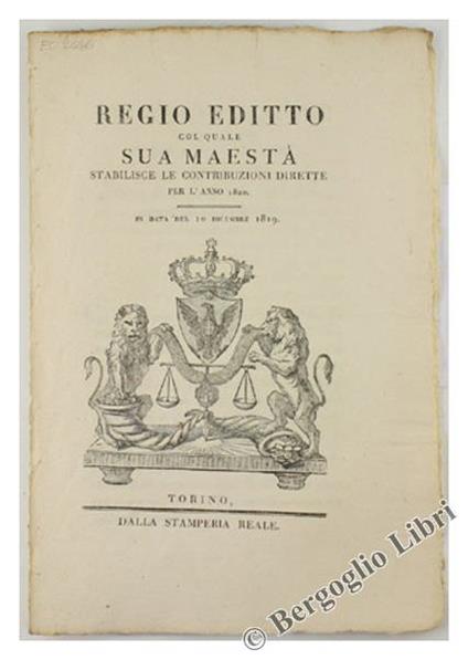 Regio Editto Col Quale Sua Maestà Stabilisce le Contribuzioni Dirette per l'Anno 1820 - copertina
