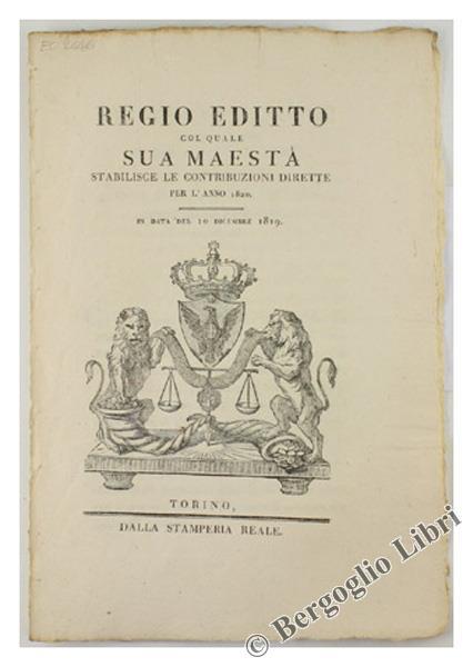 Regio Editto Col Quale Sua Maestà Stabilisce le Contribuzioni Dirette per l'Anno 1820 - copertina