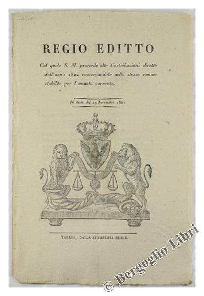 Regio Editto Col Quale S.M. Provvede alle Contribuzioni Dirette dell'Anno 1822 Conservandole nelle Stesso Somme Stabilite per l'Annata Corrente - copertina