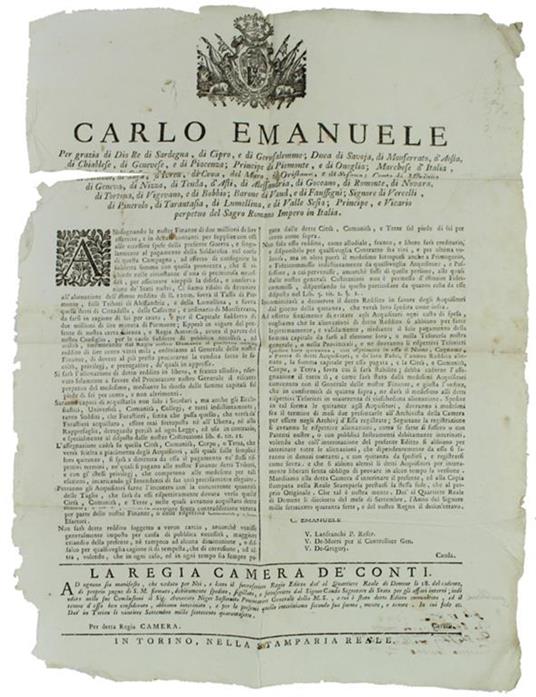 Abbisognando Le Nostre Finanze Di Due Milioni Di Lire Effettive, E In Denari Contanti… Dat' Al Quartiere Reale Di Demont Li 18 Del Mese Di Settembre 1747 [Documento Originale] - Carlo Emanuele III - copertina