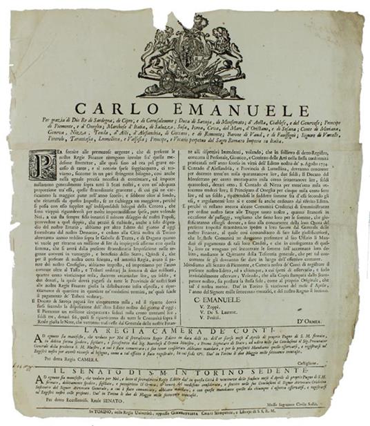 Per Fornire Alle Premurose Urgenze, Che Di Presente Le Nostre Regie Finanze Ritengono Involte Frà Quelle Medesime Strettezze... Dat' In Torino Li Vintinove Del Mese D'Aprile 1736 [Documento Originale] - Carlo Emanuele III - copertina