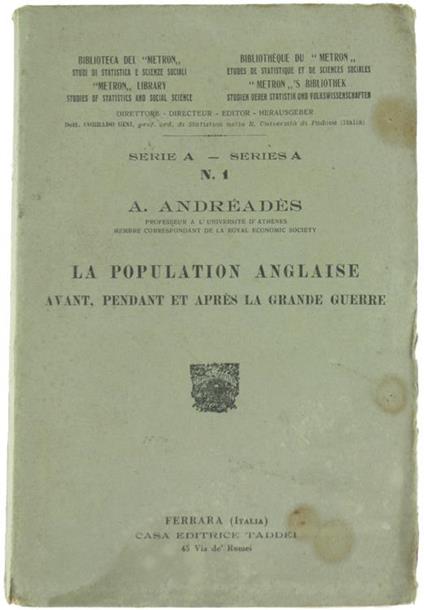 La Population Anglaise Avant, Pendant Et Aprés La Grande Guerre - A. Andreades - copertina
