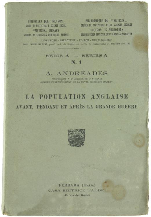 La Population Anglaise Avant, Pendant Et Aprés La Grande Guerre - A. Andreades - copertina