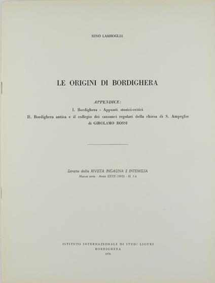 Le Origini Di Bordighera - Nino Lamboglia,Girolamo Rossi - copertina