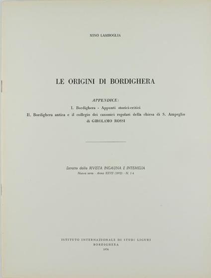 Le Origini Di Bordighera - Nino Lamboglia,Girolamo Rossi - copertina