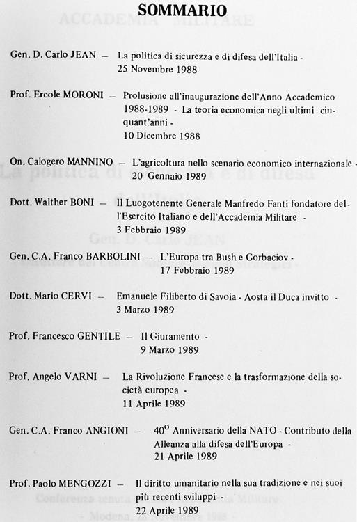 Conferenze Tenute Presso L'Accademia Militare Nell'Anno Accademico 1988-1989