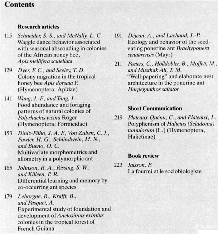 Insectes Sociaux. International Journal For The Study Of Social Arthropods. Vol. 41 No. 2 & 4. Vol. 42 No. 1
