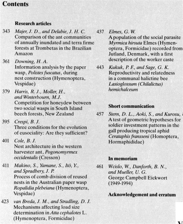 Insectes Sociaux. International Journal For The Study Of Social Arthropods. Vol. 41 No. 2 & 4. Vol. 42 No. 1