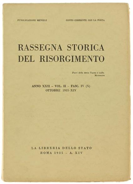 Rassegna Storica Del Risorgimento. Anno Xxii. Vol.Ii. Fasc. Iv. Ottobre 1935 / Xiv - copertina