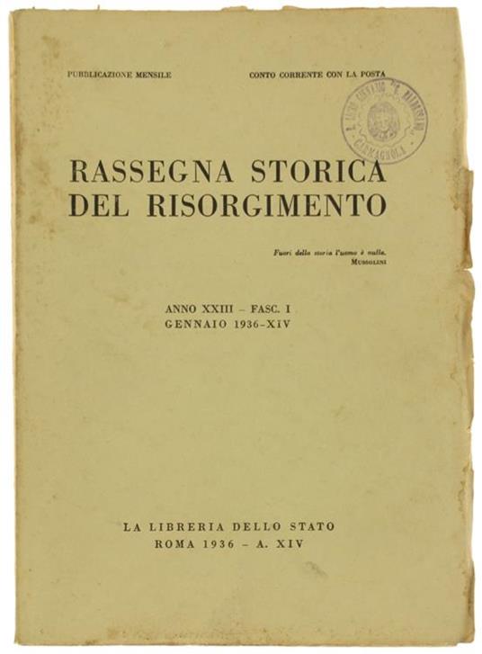 Rassegna Storica Del Risorgimento. Anno Xxiii. Fasc. I. Gennaio 1936 - copertina