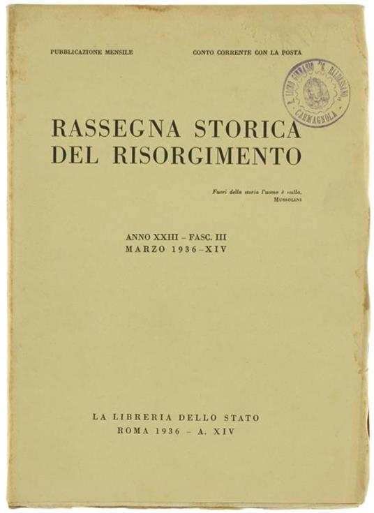 Rassegna Storica Del Risorgimento. Anno Xxiii. Fasc. Iii. Marzo1936 - copertina