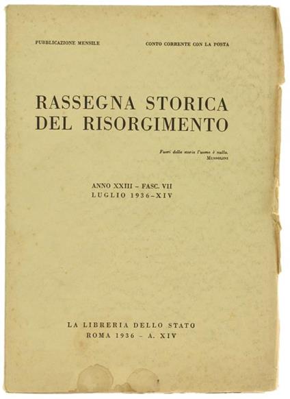 Rassegna Storica Del Risorgimento. Anno Xxiii. Fasc.Vii. Luglio 1936 - copertina