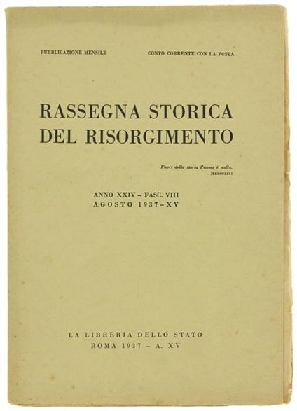 Rassegna Storica Del Risorgimento. Anno Xxiv. Fasc. Viii. Gennaio 1937 - copertina