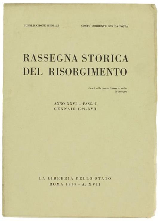 Rassegna Storica Del Risorgimento. Anno Xxvi. Fasc. I. Gennaio 1939 - copertina